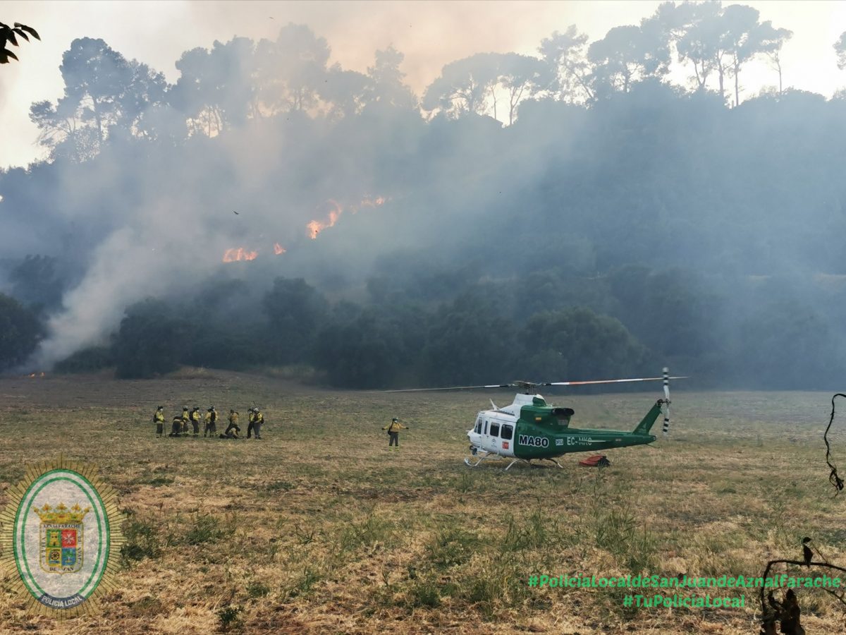 Bomberos del INFOCA se suman a los bomberos del Aljarafe el pasado sábado. Foto Policía Local.