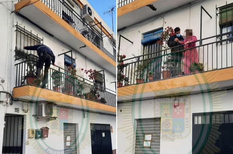 El Policía escala a la vivienda y ayuda a la mujer a levantarse. Imagen de la PL e San Juan.