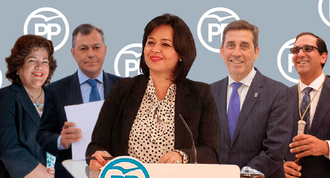 La presidenta del PP de Sevilla Virginia Pérez, junto a los alcaldes populares del Aljarafe.