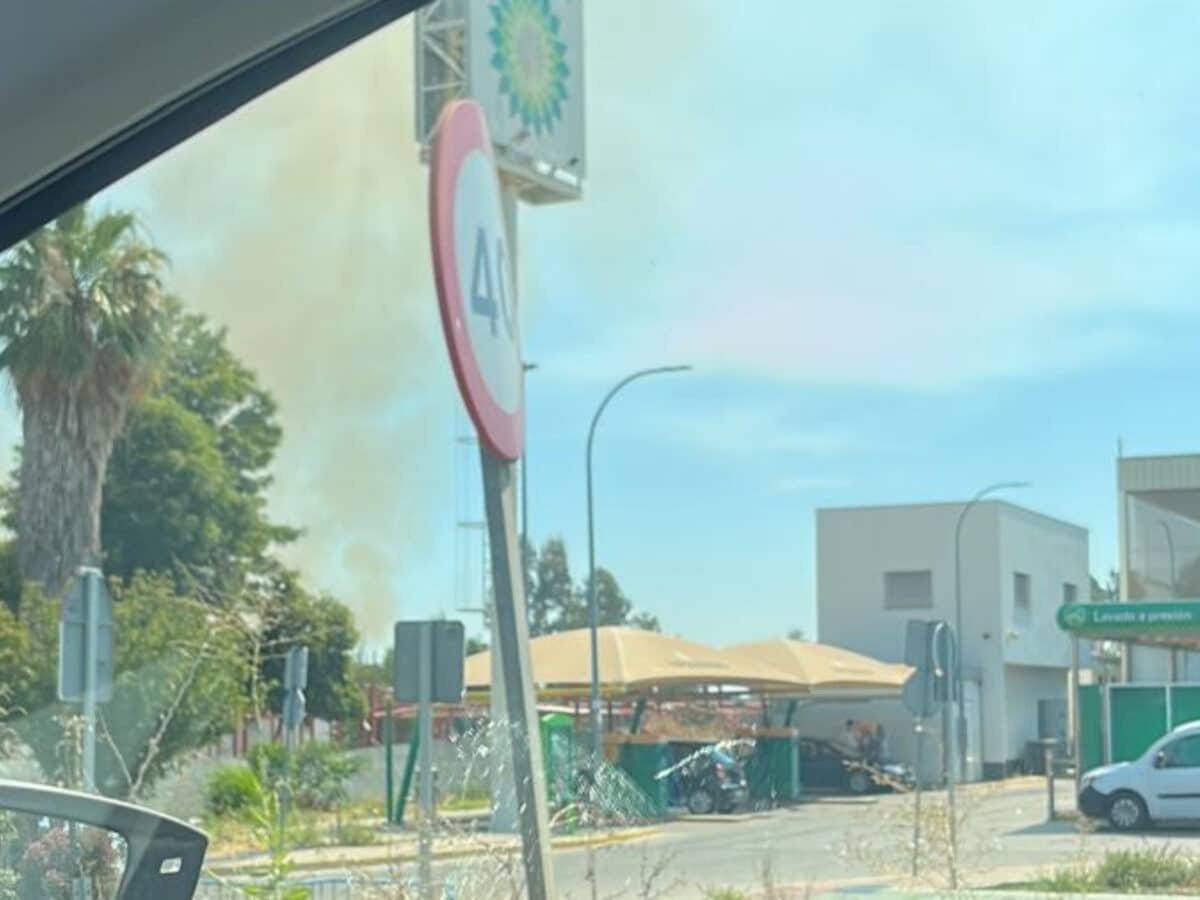 Imagen del incendio en el acuartelamiento de Tablada desde Gelves. Alba Canovaca